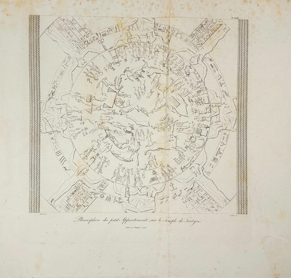 Dominique Vivant Denon – Dendera Zodiac from the Temple of Hathor – Engraving: This engraving reproduces the celebrated Dendera Zodiac, a sculpted astronomical bas-relief from the ceiling of a chapel dedicated to Osiris in the Temple of Hathor at Dendera, Egypt. Dating to the 1s