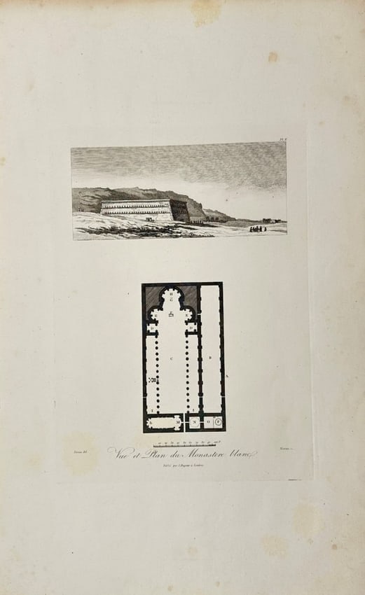 Dominique Vivant Denon – View of the White Monastery, Egypt – Engraving: This engraving by Dominique Vivant Denon depicts the White Monastery, a significant Coptic Christian site near Sohag in Upper Egypt. The view was published in 1809 in the London edition of Voyage dans