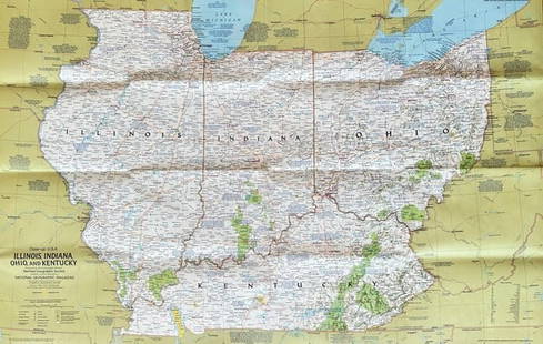 National Geographic Society – Illinois, Indiana, Ohio, and Kentucky – Printed Map – 1986: This printed map titled Close-up U.S.A.: Illinois, Indiana, Ohio, and Kentucky was published by the National Geographic Society as a supplement to the February 1986 issue of National Geographic Magazi