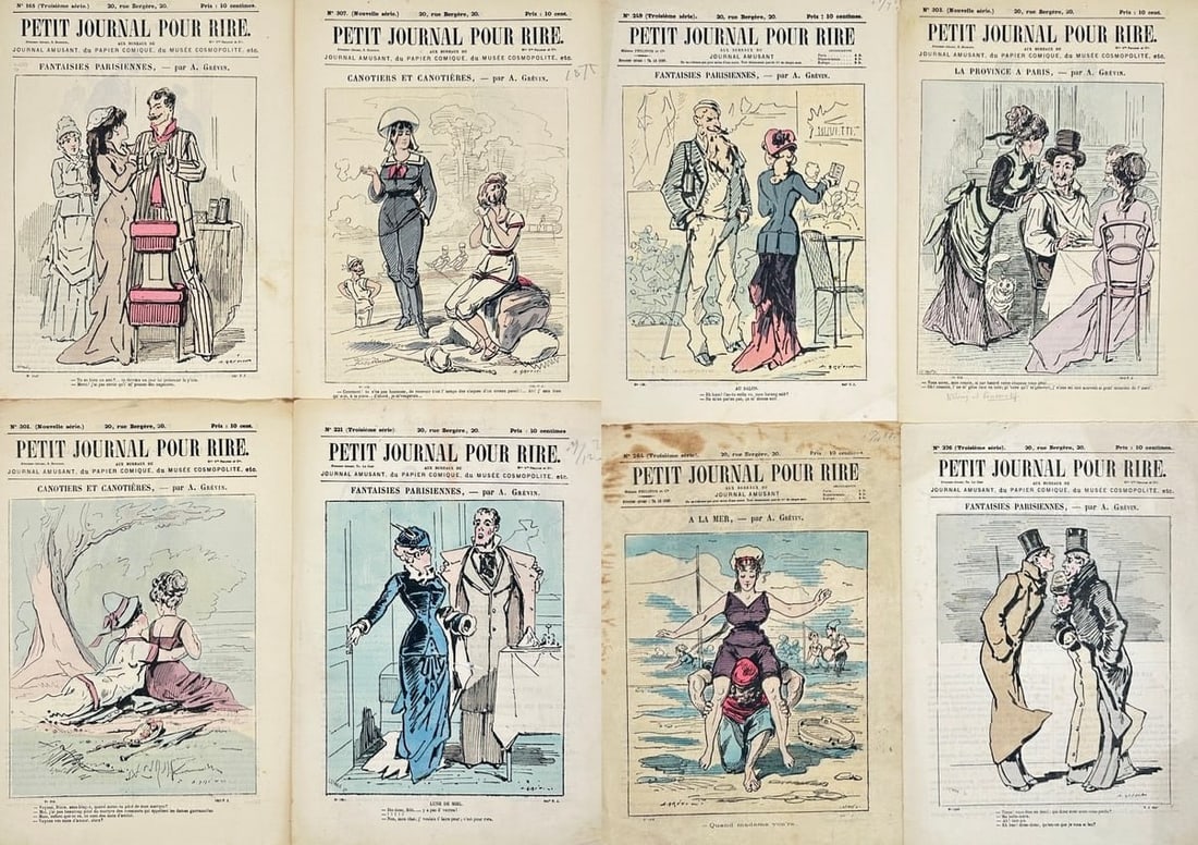Philippe Philipon – Set of 8 Lithographs: Fantaisies Parisiennes, Canotiers & La Province: This complete set of eight lithographs illustrated by Alfred Grévin and published by Philippe Philipon offers a humorous and elegant portrayal of Belle Époque social life. Drawn from the series Fant