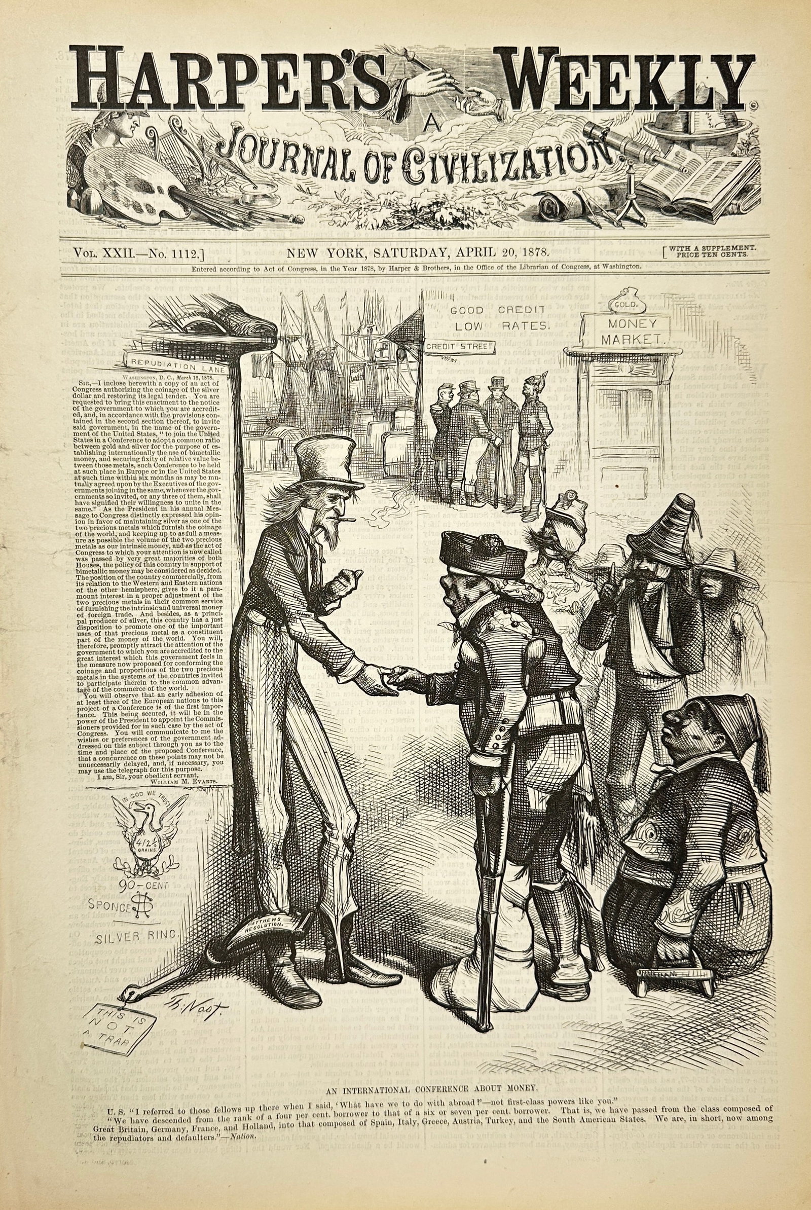 Harper’s Weekly – An International Conference About Money – Original Wood Engraving – April: This original front-page wood engraving appeared in Harper’s Weekly: A Journal of Civilization, published in New York on April 20, 1878. Titled An International Conference About Money, the illustrat