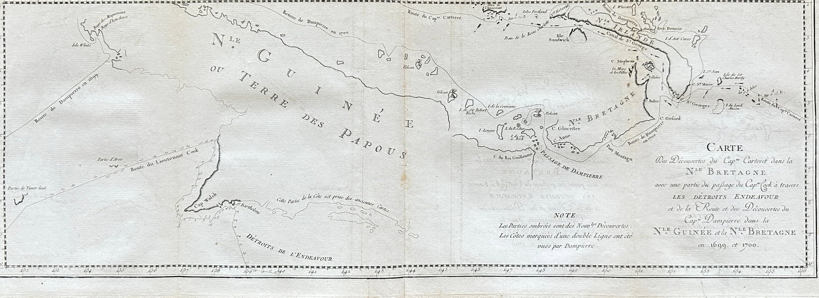 Henri Abraham Chatelain – Carte des Découvertes du Capitaine Carteret – Copperplate Map: This early 18th-century copperplate map titled Carte des Découvertes du Capitaine Carteret dans la Nle Bretagne illustrates the maritime explorations of Captain Philip Carteret in the regions of New 
