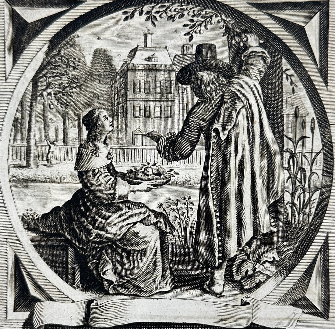 Jacob Cats – Eerlicke Vryagie – Emblematic Engraving from “Silenus Alcibiadis” – Early: This emblematic engraving by Jacob Cats illustrates the moral lesson titled Eerlicke Vryagie (“Honest Courtship”) and is part of his famous didactic emblem book Silenus Alcibiadis, originally 