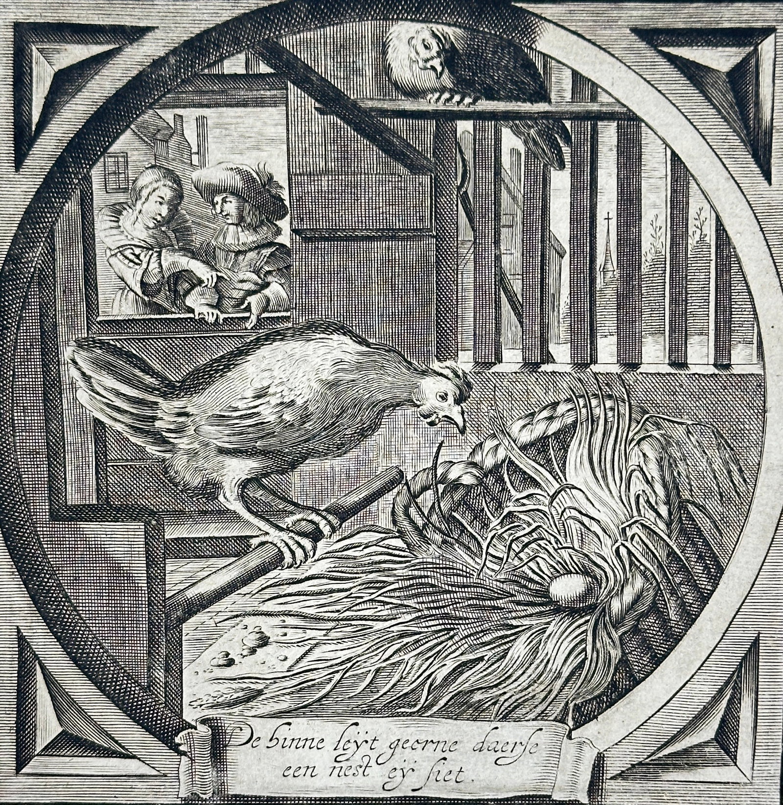 Jacob Cats – Eerlicke Vryagie – Allegorical Emblem with Hen and Nest – Early 18th Century: This emblematic engraving by Jacob Cats, from the moralistic emblem book Eerlicke Vryagie, presents a symbolic scene of a hen guarding its nest with eggs. The image is paired with didactic verses in D