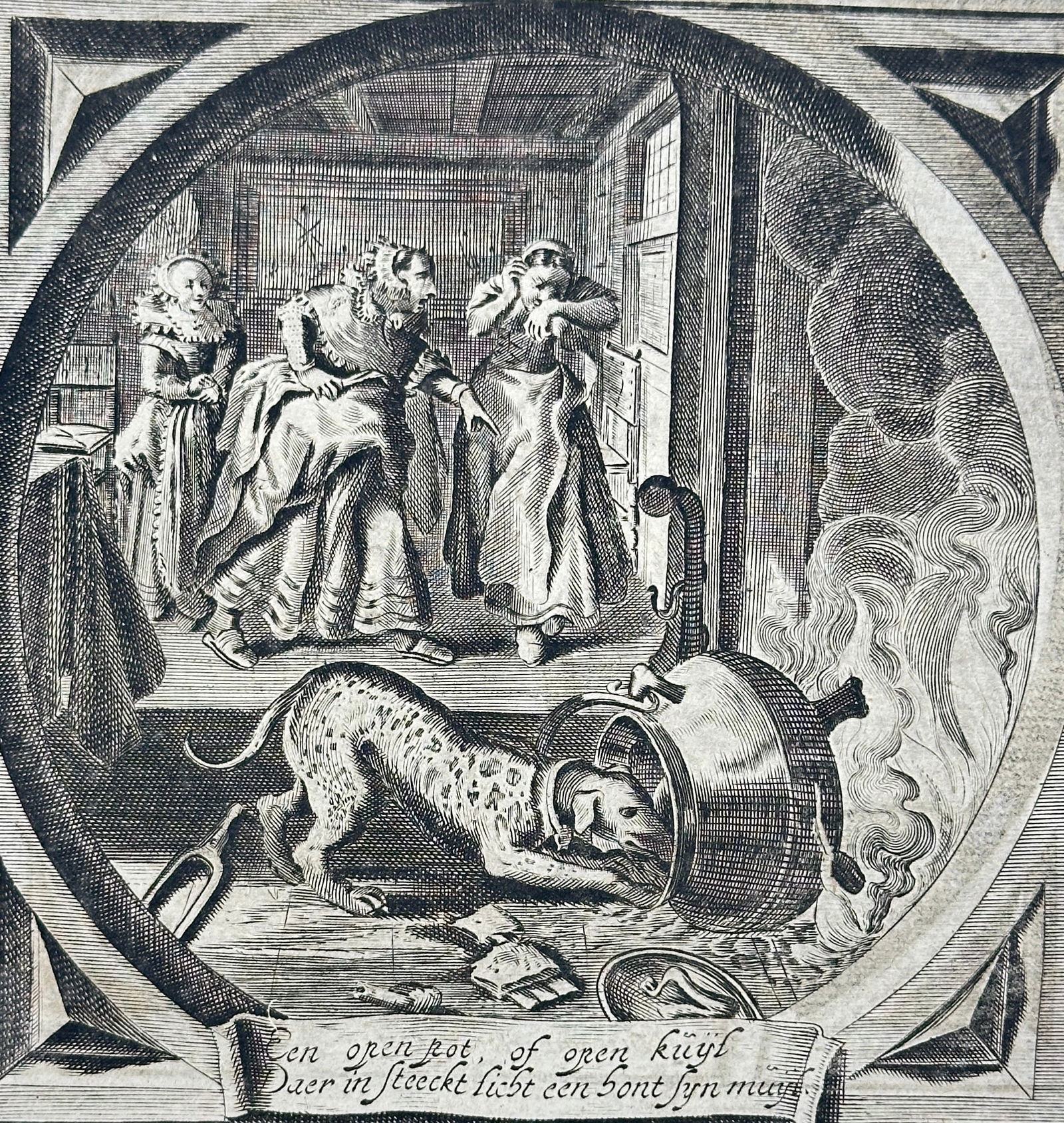 Jacob Cats – Eerlicke Vryagie – Allegorical Emblem with Dog and Pot – Early 18th Century (1 of 3)