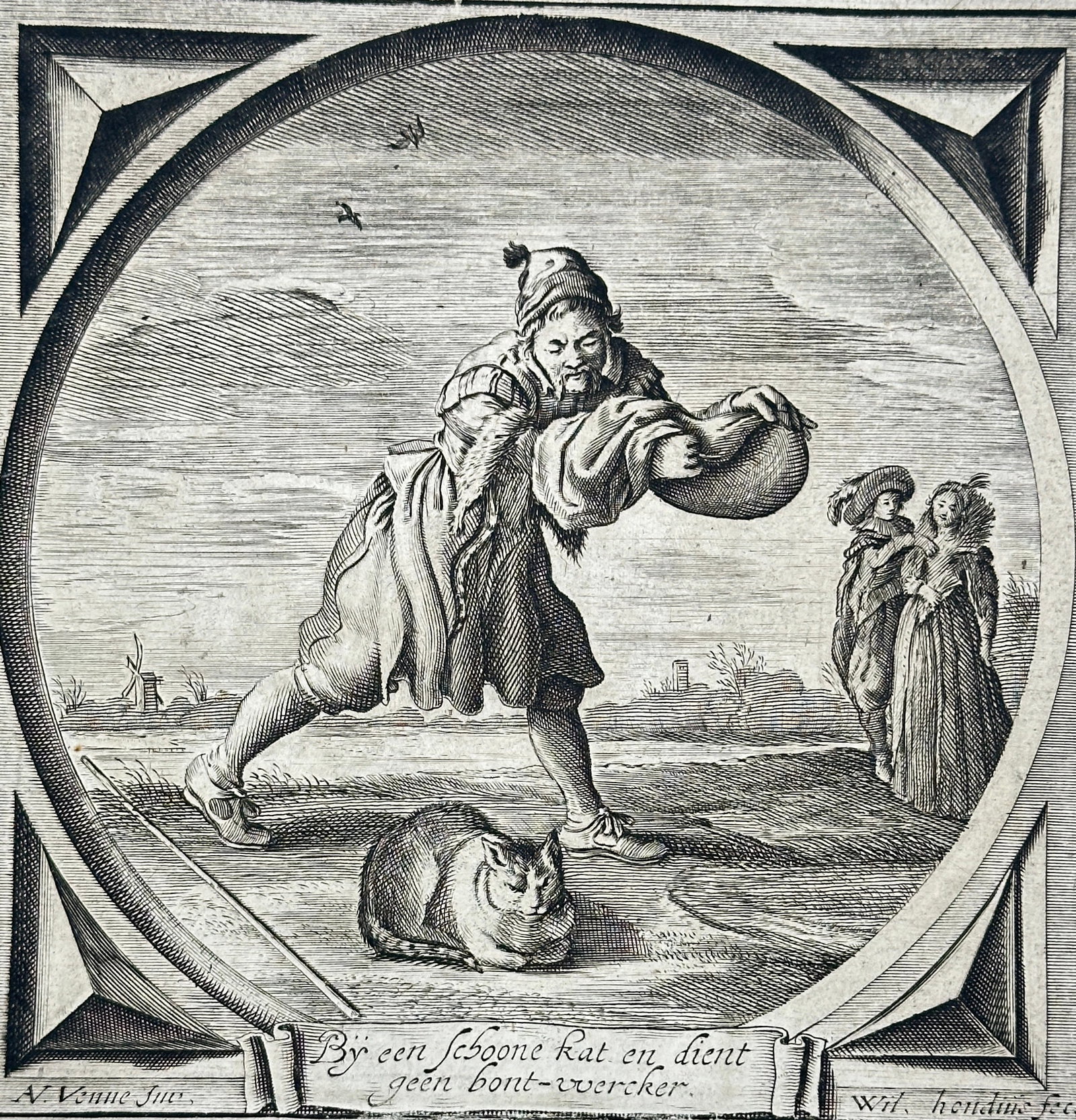 Jacob Cats – Eerlicke Vryagie – Allegorical Emblem of the Furrier and the Cat – Early 18th: This allegorical engraving from Eerlicke Vryagie by Jacob Cats presents a humorous yet moralizing scene: a furrier attempts to seize a beautiful cat, presumably for its fur, while the animal crouches 