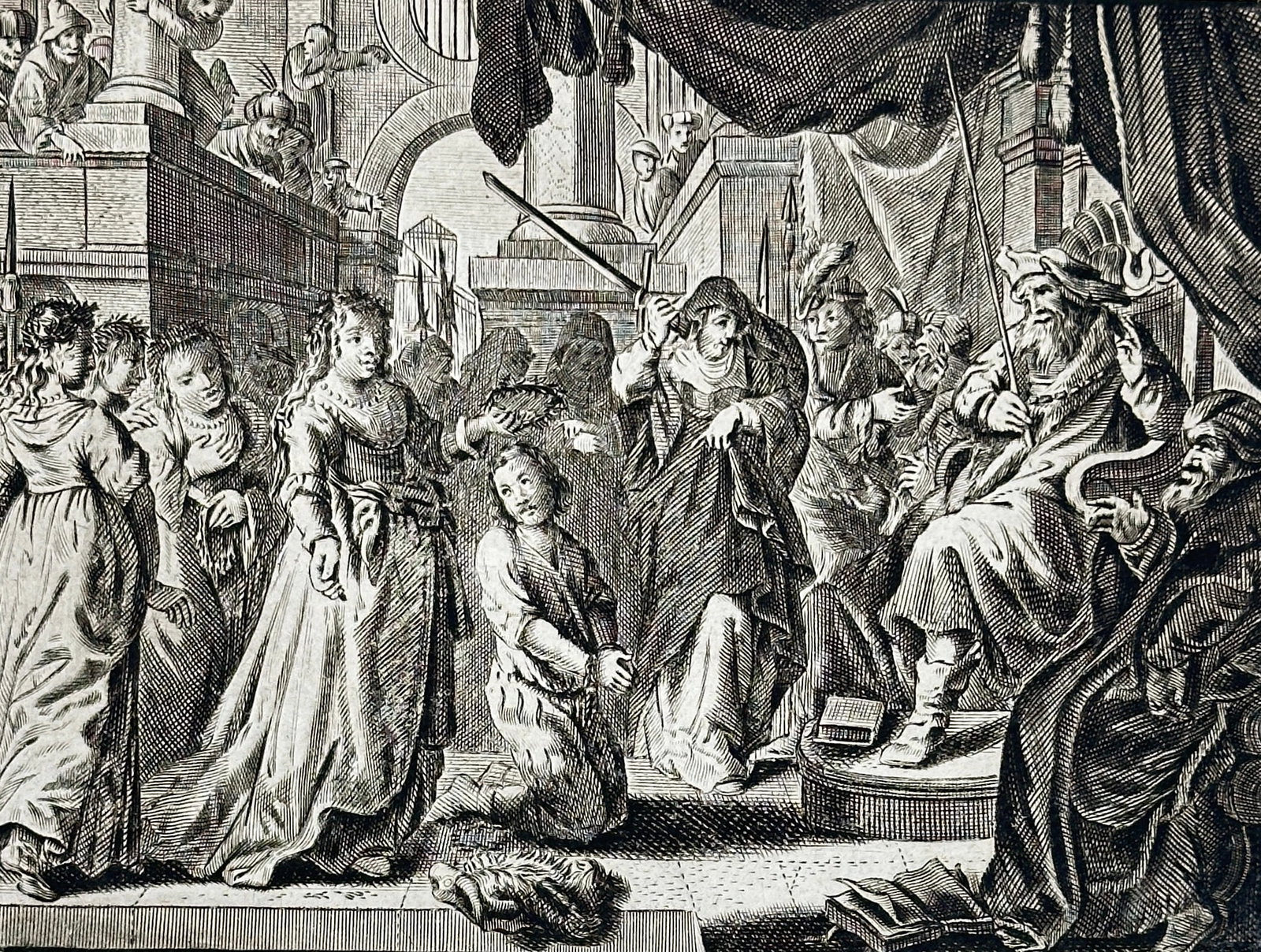 Jacob Cats – Twee Verkracht – Allegorical Engraving with Moral Verse – Early 18th Century: This powerful copperplate engraving titled Twee Verkracht (“Two Violated”) is part of Jacob Cats’ emblematic works, presenting a dramatic courtroom or tribunal scene involving a young noblew