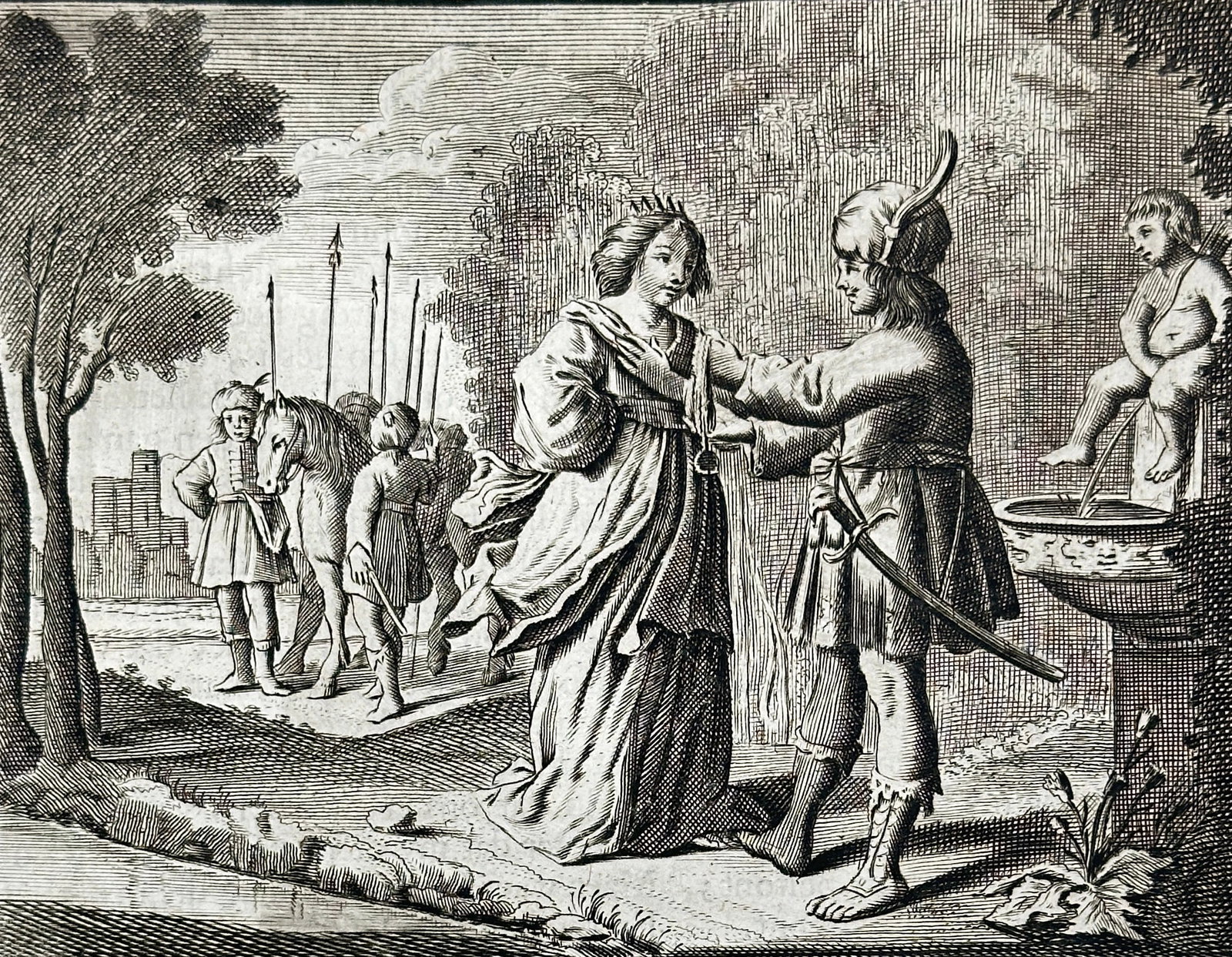 Jacob Cats – Houwelick Door Droomen – Allegorical Emblem on Marriage and Fate – Early 18th: This copperplate engraving titled Houwelick Door Droomen (“Marriage Through Dreams”) is part of the emblematic moral literature of Jacob Cats. The image illustrates a mythic or symbolic narrat