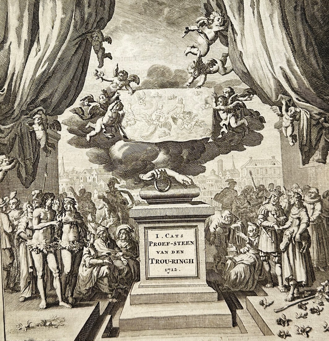 Jacob Cats – Title Page of Trou-Ringh, met den Proef-Steen – Emblematic Frontispiece – 1712: This is the richly detailed title page of Trou-Ringh, met den Proef-Steen van den Selven, the 1712 edition of Jacob Cats’s emblematic work on courtship, marriage, and moral virtue. The title transla