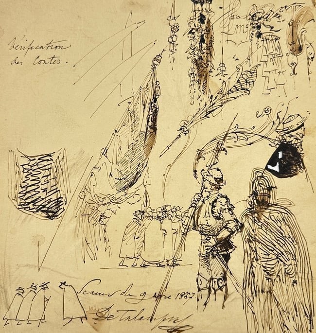 Eugène Delacroix (1798–1863) – Ink Drawing of Figures in Historical Attire – 1857: Ink drawing depicting a group of figures in historical costume, likely soldiers, set within an architecturally detailed environment. Dated June 9, 1857, and inscribed "Inspiration des Cortes," the com
