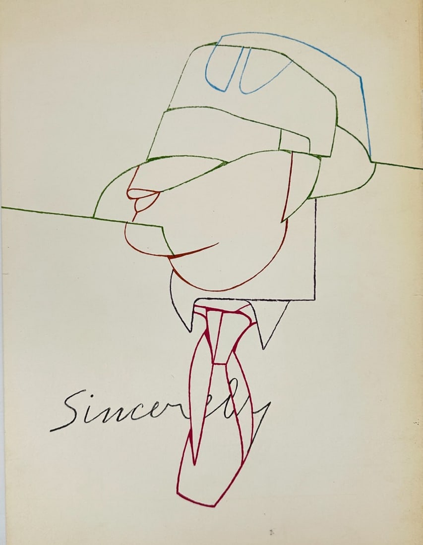 Valerio Adami (born 1935) – A Sincere Man – Color Lithograph – 1970: This original color lithograph by Italian artist Valerio Adami, titled A Sincere Man, exemplifies his distinctive linear style and use of vivid, flat colors bordered by black contours. The composition