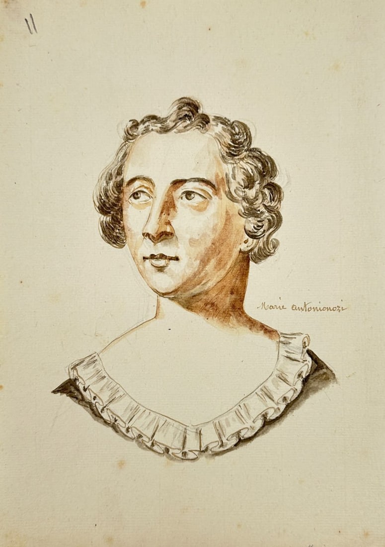 European School – Portrait of Marie Antoinette – Ink and Wash Drawing – 19th Century: This ink and wash drawing portrays Marie Antoinette in a simplified and idealized manner, emphasizing soft facial features, curled hair, and a decorative ruffled neckline. The sitter’s identity is i