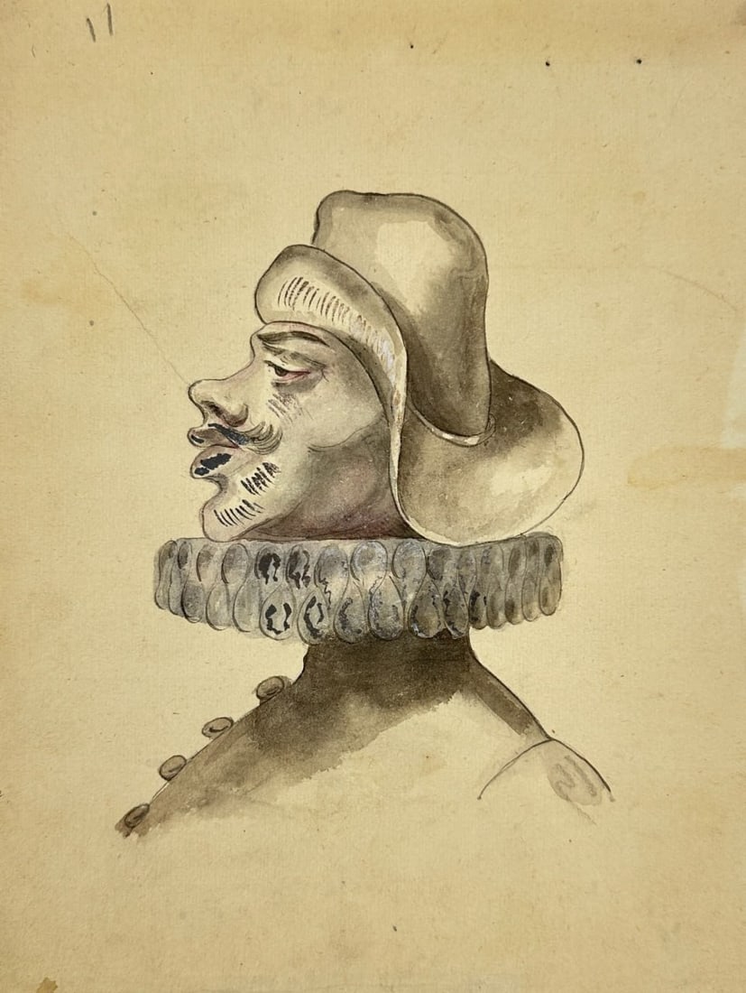 European School – Portrait of the Actor Grigneu – Ink and Wash Drawing – 19th Century: This stylized ink and wash portrait shows the actor Grigneu in profile, wearing a theatrical hat and a stiff ruffled collar characteristic of the early Baroque period. The figure’s sharply defined n