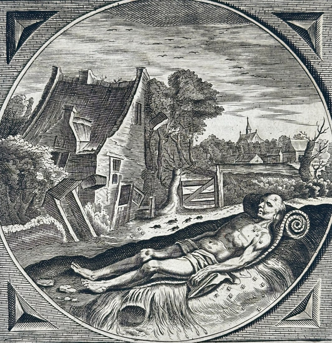 Jacob Cats, Adriaen Pietersz. van de Venne, Jan Swelinck – The Dying Man in the Ruin – Engraving: This emblematic engraving from Kunst voor Kracht depicts a half-naked man lying on a bed of straw before a crumbling house, surrounded by decay and neglect. The Latin motto “Nemo dolens patet libidi