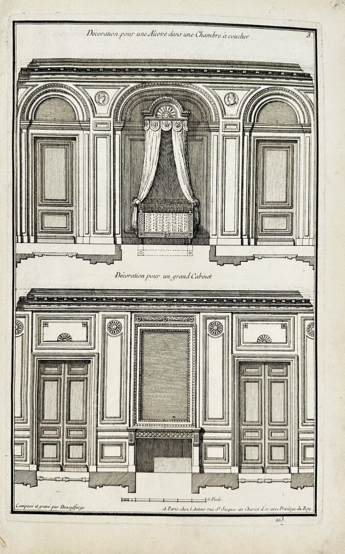 Jean-François de Neufforge – Decorating a Niche in a Bedroom – Engraving – 1770: This antique architectural print is from Jean-François de Neufforge’s Recueil Élémentaire d’Architecture, published in Paris in 1770. It depicts a detailed design for decorating a niche in a be