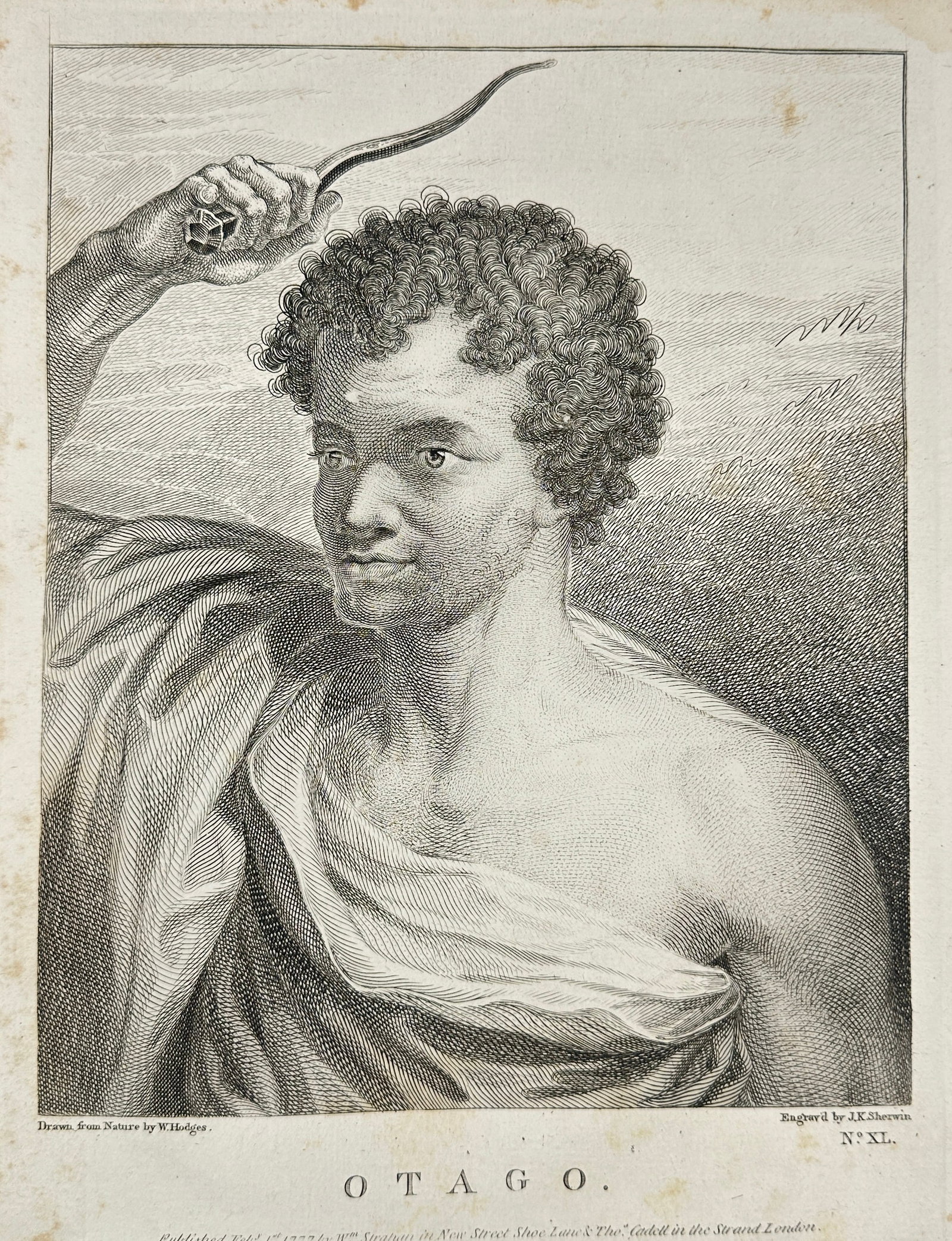 William Hodges and J.K. Sherwin – Otago – Original Engraving – 1777: This finely executed copperplate engraving depicts Otago, a man encountered during Captain James Cook’s second voyage to the Pacific. The original portrait was drawn by William Hodges, the official 