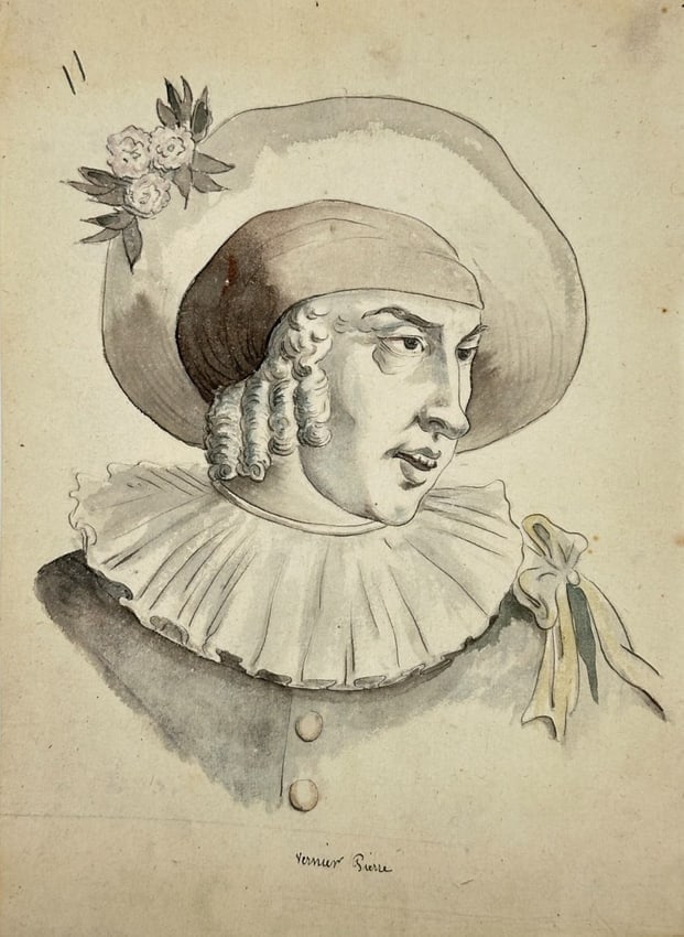 European School – Portrait of a Gentleman with Hat and Floral Ornament: This refined hand-colored drawing from the European School portrays a distinguished gentleman wearing a wide-brimmed hat adorned with floral decorations and a ruffled collar, both hallmarks of mid-18t