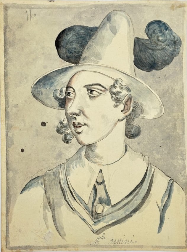 European School – Portrait of a Young Man with Plumed Hat – Hand-Colored Drawing (1 of 3)