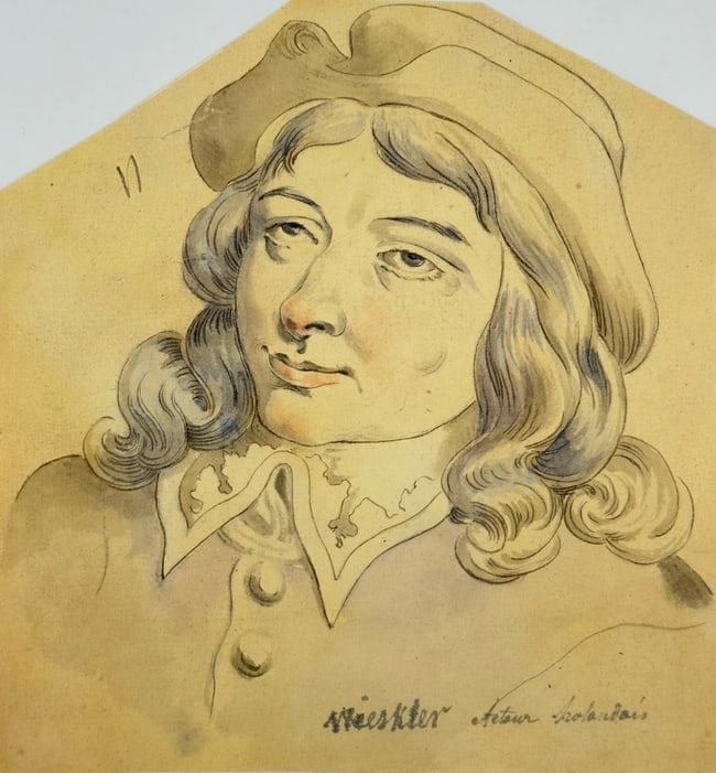 European School – Portrait of a Young Man in a Broad-Brimmed Hat – Watercolour: This original 19th-century portrait depicts a young man with long curled hair wearing a broad-brimmed hat and a decorated collar. The work is executed with precise ink outlines and delicate shading, e