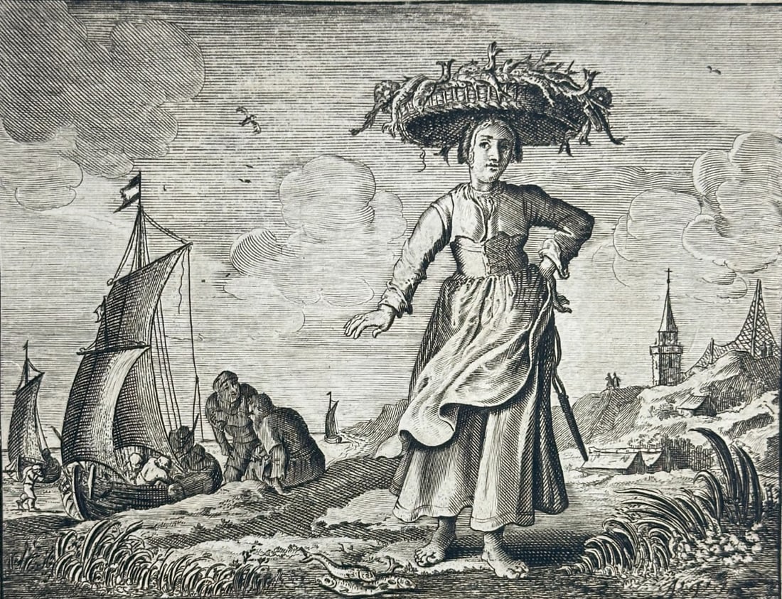 Jacob Cats, Adriaen Pietersz. van de Venne – The Fish Seller of Scheveningen – Engraving: This lively engraving captures a Scheveningen fisherwoman walking barefoot along the coast with a large basket of fish balanced on her head. Behind her, a sailing boat arrives at shore, and a group of