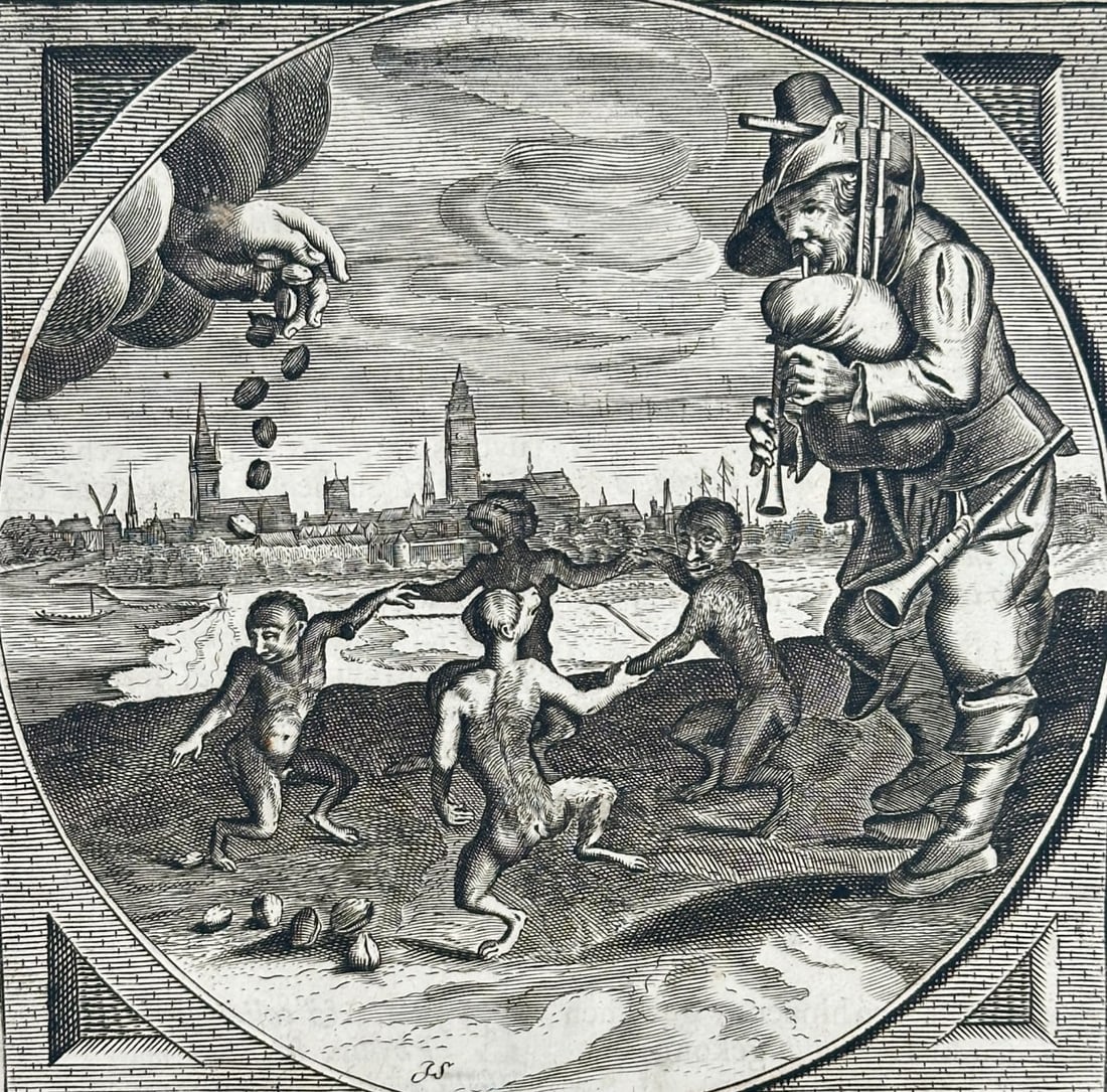 Jacob Cats, Adriaen Pietersz. van de Venne – The Ape and the Coins – Engraving: This satirical emblem from Kunst voor Kracht depicts a crude monkey attempting to imitate virtue by appearing pious and restrained, while in the background, other figures scramble for falling coins. T