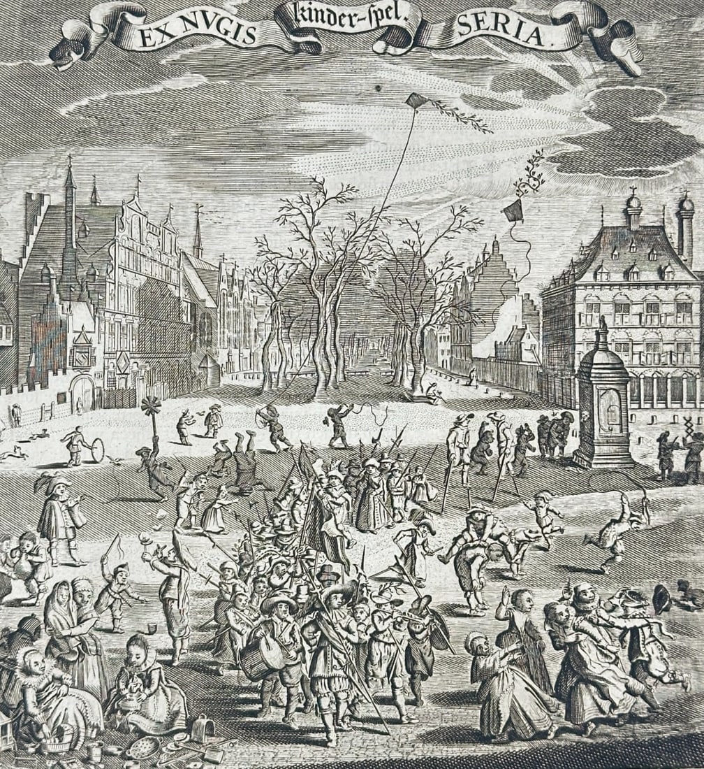 Jacob Cats, Adriaen Pietersz. van de Venne – Children’s Games – Engraving: This bustling engraving from the moralistic emblem book series Kinder-Spel (Children’s Play) shows a lively town square filled with children engaged in various games—kite flying, fencing, leapfrog