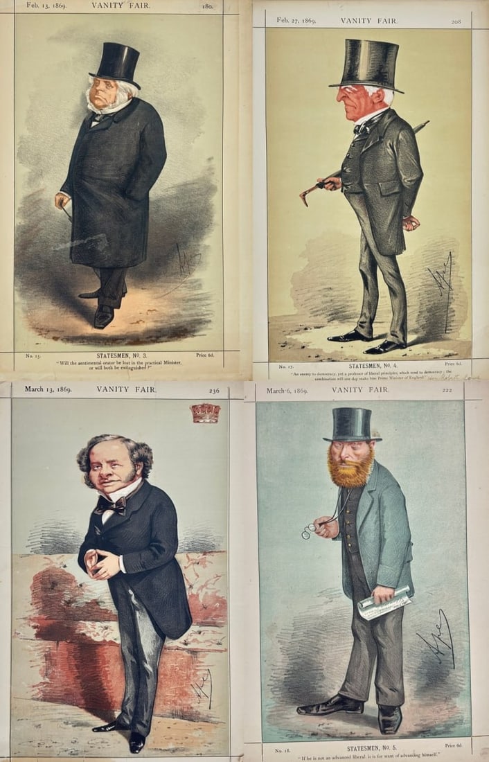 Carlo Pellegrini – Set of 4 Vanity Fair Caricatures – Statesmen Nos. 3, 4, 5 and British: This set of four lithographic caricatures by Carlo Pellegrini, known by the pseudonym "Ape," features prominent political and social figures from Victorian Britain. Included are Statesmen Nos. 3, 4, a