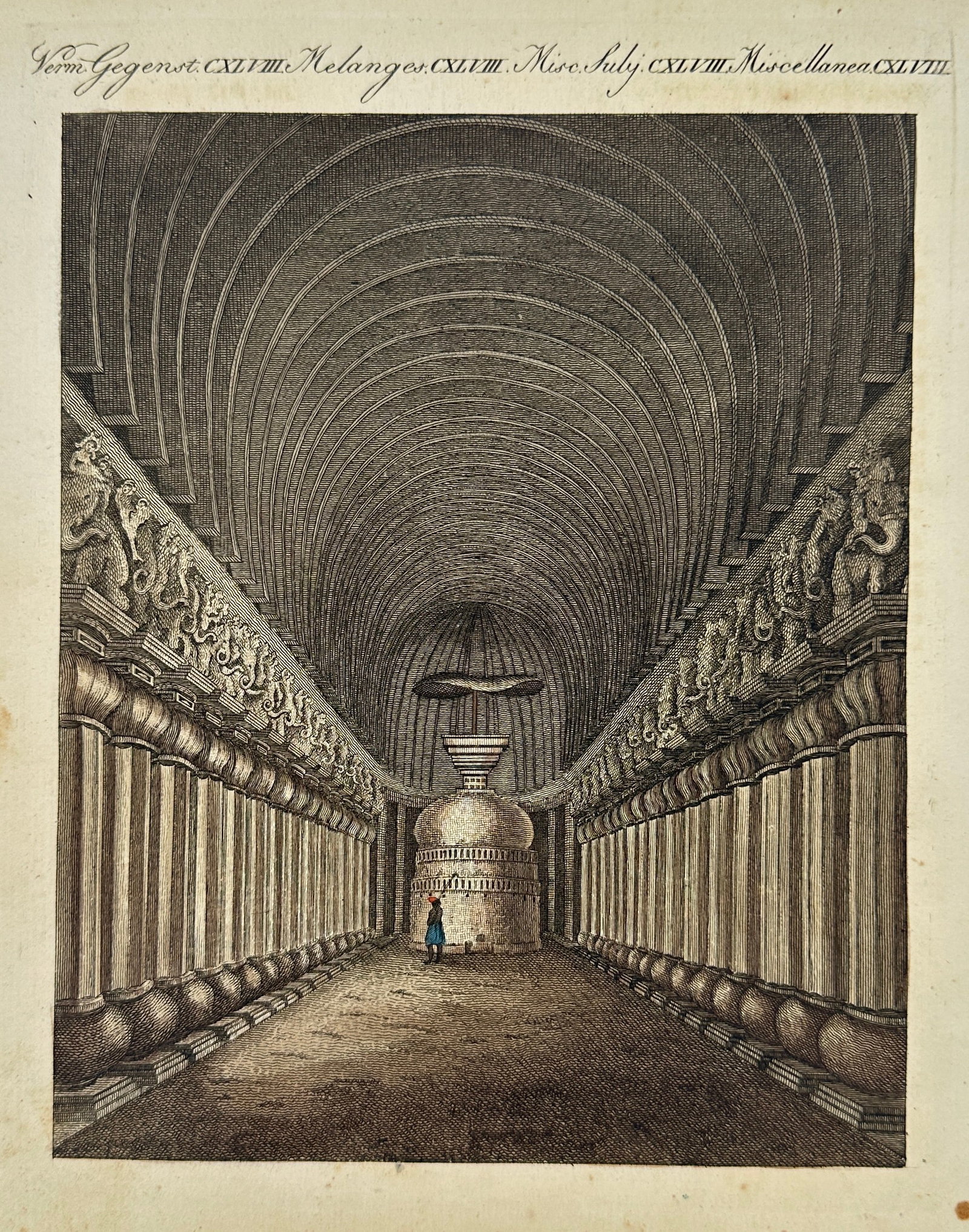Friedrich Justin Bertuch – Great Chaitya Cave at Karla, India – ca. 1810: Original hand-colored engraving from Bilderbuch für Kinder, the renowned educational series edited by Friedrich Justin Bertuch and published in Weimar between 1790 and 1830. This plate, issued around