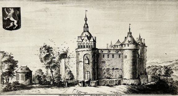 Jacques Harrewyn – Château de Gaesbeek – Copperplate Engraving – Early 18th Century: This antique copperplate engraving by Jacques Harrewyn presents a finely detailed view of the Château de Gaesbeek (Castle of Gaasbeek) in Brabant, one of the most renowned noble estates of the region