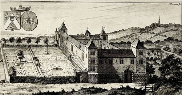 Jacques Harrewyn – Château de Clabecq – Copperplate Engraving – Early 18th Century: This finely executed copperplate engraving by Jacques Harrewyn depicts the Château de Clabecq (Castellum Clabecq) in the province of Walloon Brabant. The composition shows the manor complex from an e
