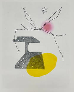 Joan Miró – L'oiseau du Forgeron (The Blacksmith’s Bird), 1963 – Etching and Aquatint in: This original 1963 etching and aquatint by Joan Miró presents a vibrant, abstract composition titled L'oiseau du Forgeron (“The Blacksmith’s Bird”). The work exemplifies Miró’s distincti
