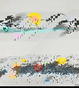Joan Miró – 2 Abstract Lithographs – Signed Prints in Colors – Circa 1970s: This 2 original color lithographs by Joan Miró features his signature abstract and surrealist visual language, blending vibrant splashes of color, dynamic brushstrokes, and playful organic shapes. Bo