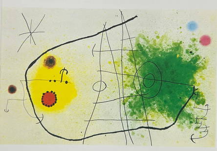 Joan Miró – Untitled Abstract Composition – Color Lithograph: This original color lithograph by Joan Miró features his signature abstract style, combining playful splashes of vibrant color with fluid black lines and symbolic shapes. The composition evokes a dyn