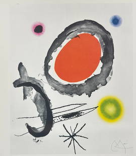 Joan Miró – Bird Between Two Stars - 1967 – Color Lithograph: This original 1967 color lithograph by Joan Miró, titled Oiseau entre deux astres (“Bird Between Two Stars”), exemplifies the artist’s distinctive blend of surrealism and abstraction. The c