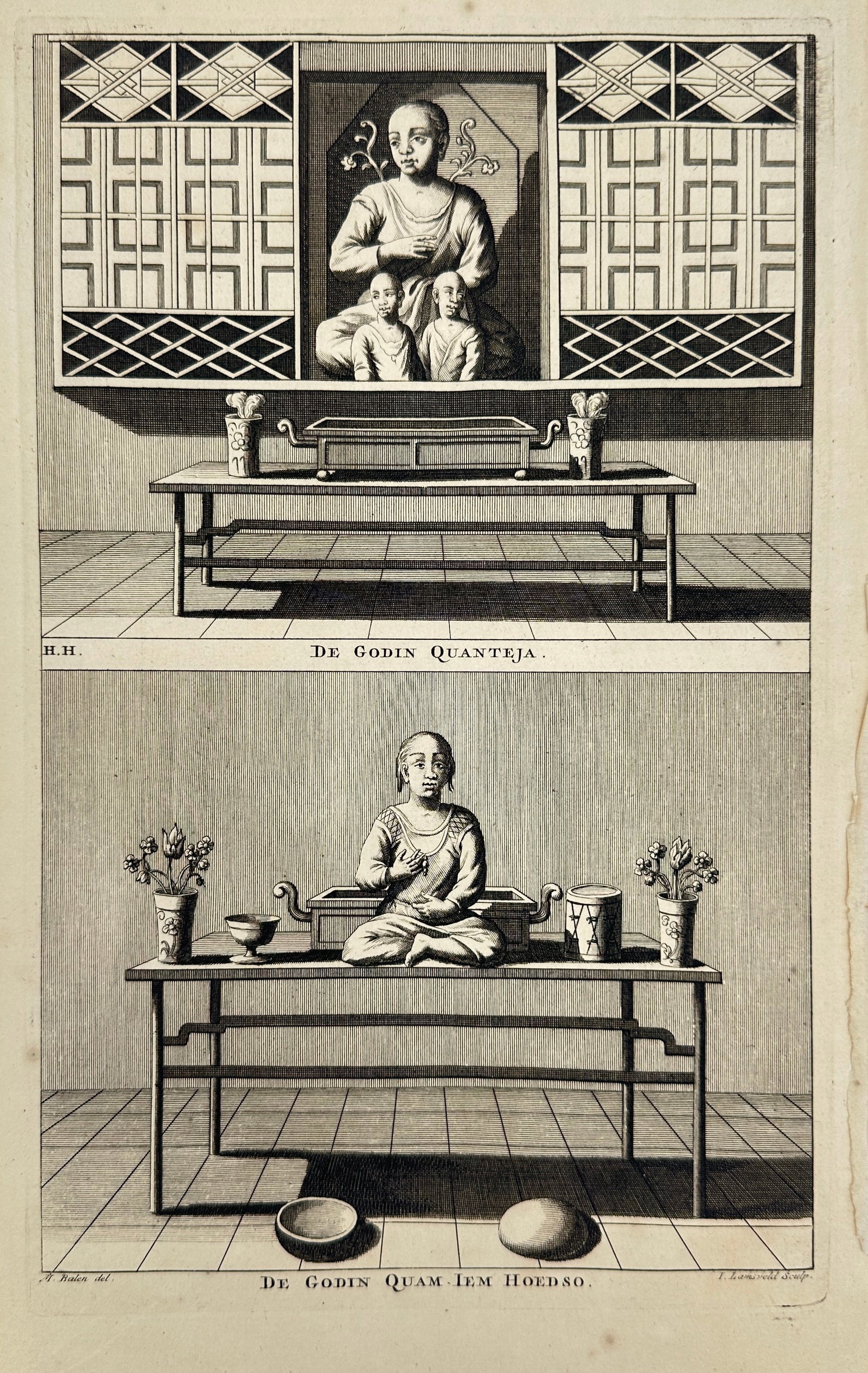 François Valentijn (after) – Chinese Deity / God, Buddhism, Quanteja, Indonesia – Engraving: This detailed 18th-century engraving after François Valentijn depicts a Chinese deity associated with Buddhism in Quanteja (modern-day Indonesia), reflecting the cultural and religious diversity enco