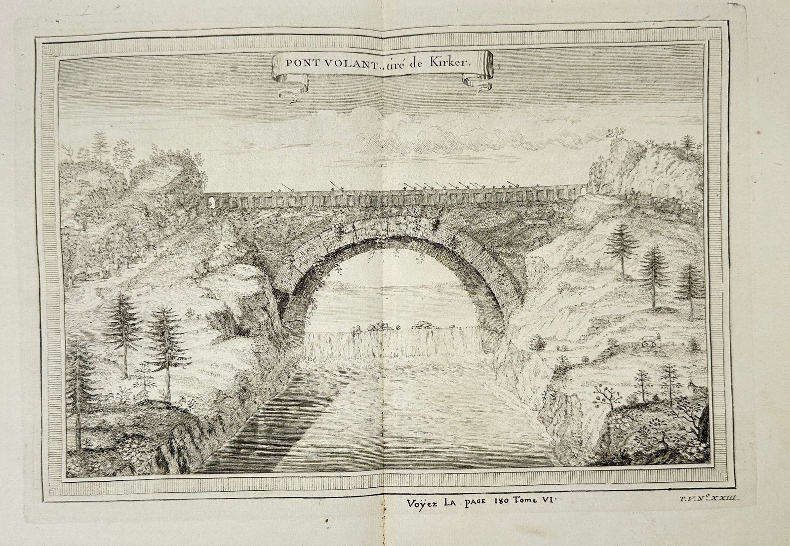 Antoine-François Prévost d’Exiles – Antique Print of the Flying Bridge in China – Engraving: This rare 18th-century engraving by Antoine-François Prévost d’Exiles depicts a detailed view of a traditional flying bridge in China, capturing the architecture and cultural landscape of mid-18th