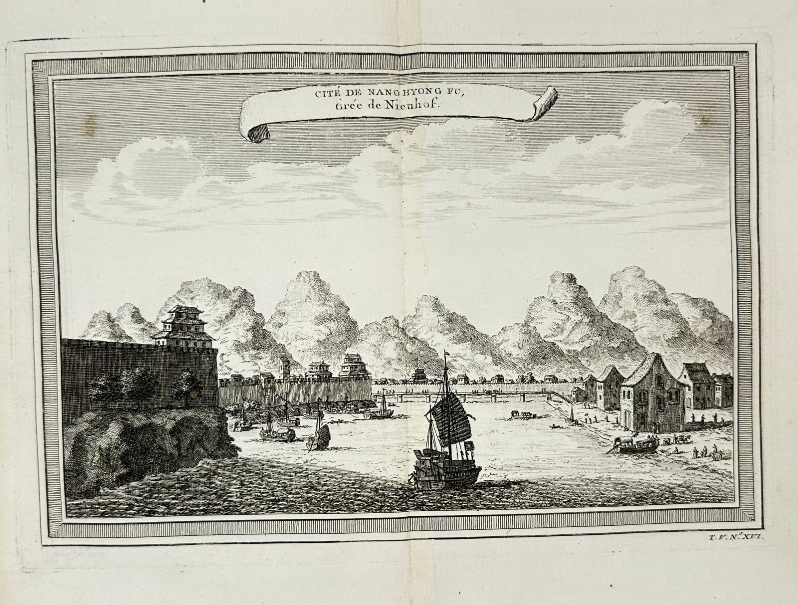 Jacques-Nicolas Bellin – City of Nang Hyong-Fun, China: Harbor and City Walls – Engraving by: This finely engraved view depicts the harbor and fortified city walls of Nang Hyong-Fun, a significant Chinese port city in the mid-18th century. Published in Paris by Didot in 1749, the engraving sho