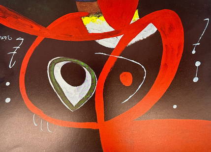 Joan Miró (1893–1983) – Tête (Head) – Lithograph (often used for exhibition posters) –: This iconic work, titled "Tête" (Head), is a vibrant lithograph created in 1974 by the celebrated Catalan artist Joan Miró. Characterized by his signature bold primary colors, dynamic black lines, a