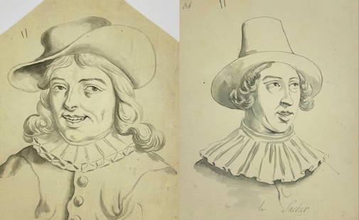 European School – Set of 2 Portraits (Man in Ruff & Gentleman in Cavalier Hat) – Ink Drawings: This lot features a compelling set of two 19th-century character portraits, both attributed to the European School. The drawings are executed in a historical style, skillfully using ink and wash on la