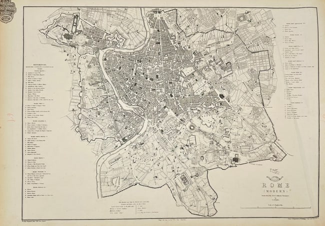 Thomas Ettling – Map of Rome (Modern) – Copperplate Engraving – 1862: This large, detailed copperplate engraving of modern Rome was created by Thomas Ettling and published as part of the Dispatch Atlas in 1862. The map showcases the city's complex urban layout, with cle