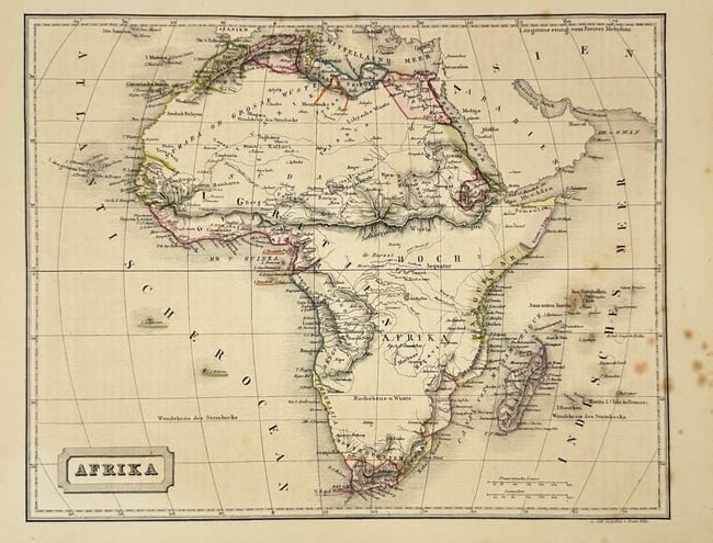 Franz Biller – Map of Africa / Afrika – Hand-Coloured Copperplate Engraving – c.1850s: This original copperplate engraved map titled Afrika was created by Franz Biller and published in Germany around the 1850s. It displays the African continent reflecting mid-19th-century European carto