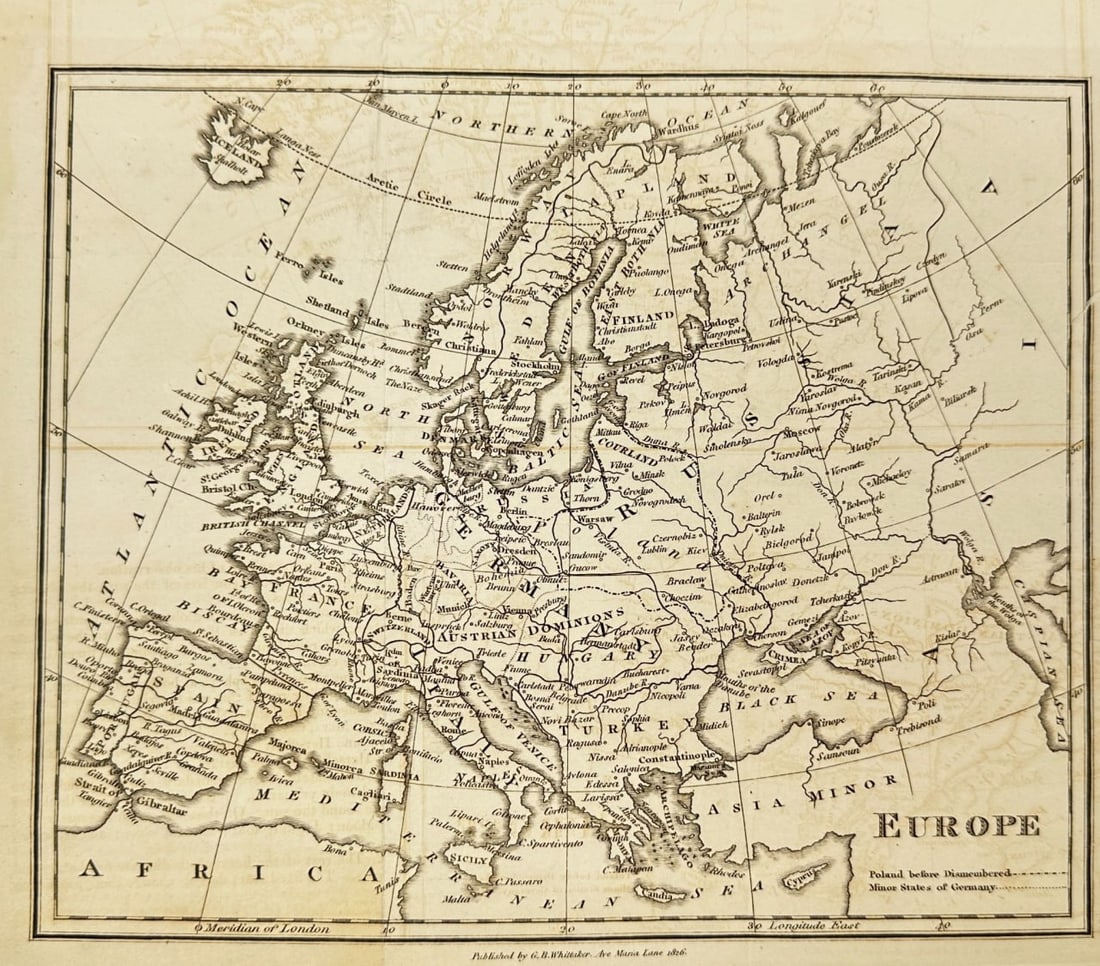 George Byfield Whittaker – Map of Europe – Copperplate Engraving – 1826: This detailed antique map of Europe depicts the continent's political geography in the early 19th century, including countries, major cities, and geographical features. Published in 1826, it reflects 