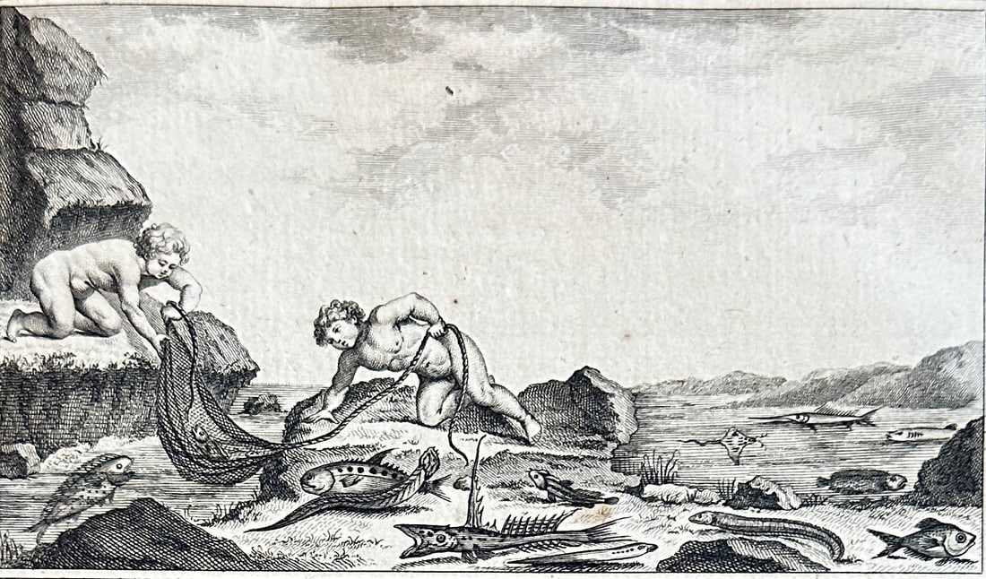 Bernard comte de Lacépède (1756–1825) – Natural History of Fishes – Engraving (circa: This engaging engraving serves as an introductory page or frontispiece for a volume within Lacépède's monumental "Histoire Naturelle des Poissons." The charming vignette at the top depicts figures i