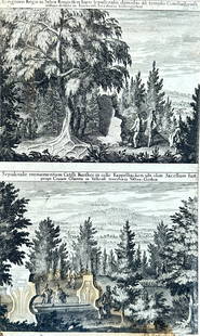 Erik Dahlberg – Royal Castle Region in Kungsör Forest and Sepulchral Monument in Kappellbacken: This remarkable copperplate engraving, likely from Erik Dahlberg's monumental "Suecia Antiqua et Hodierna" (Ancient and Modern Sweden), features two distinct landscape views of historical sites in Swe