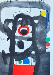 Joan Miró (1893–1983) – Abstract Figure / Mask – Lithograph (Mid to Late 20th Century): This powerful lithograph presents a striking abstract composition by Joan Miró, characterized by his signature bold forms and expressive use of color. The artwork features a dominant central structur