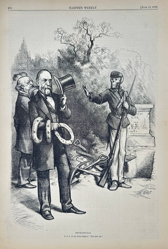 Thomas Nast (1840–1902) – Decoration Day – Wood Engraving (1878): This original wood engraving titled Decoration Day was created by Thomas Nast and published in Harper’s Weekly on June 15, 1878. The illustration portrays a skeleton in military uniform—representi