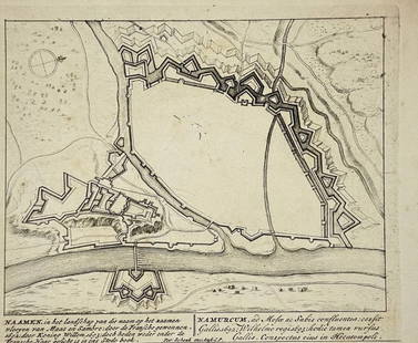 Christoph Weigel the Elder (1654–1725) – Map of Namur, Belgium – Engraving (1702): This finely engraved map by Christoph Weigel the Elder presents the fortified city of Namur (Namen), located at the strategic confluence of the Meuse and Sambre rivers in what is now Belgium. Rendered