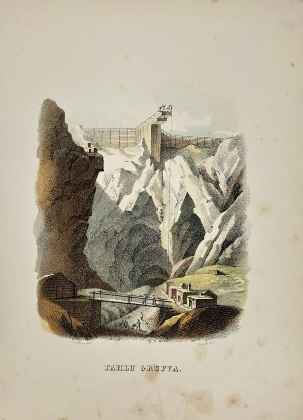 Christian Didrik Forssell – Fahlu Grufva (The Falun Quarry), Sweden – Lithograph – 1864: This historical lithograph titled Fahlu Grufva depicts the Falun quarry in Sweden, created by Christian Didrik Forssell in 1864. The artwork presents a dramatic landscape with steep cliffs and a deep 