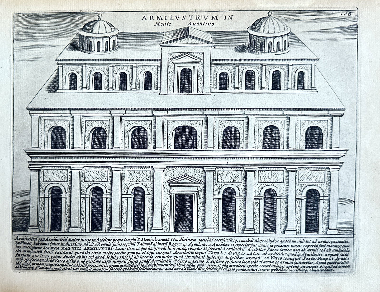 Giacomo Lauro – Armilustrum on Aventine Hill from "Antiquae Urbis Splendor" – Engraving: This finely detailed engraving by Giacomo Lauro presents a striking architectural illustration of the "ARMILUSTRUM IN Monte Auuentino." (Armilustrum on Aventine Hill) in ancient Rome. The multi-tiered