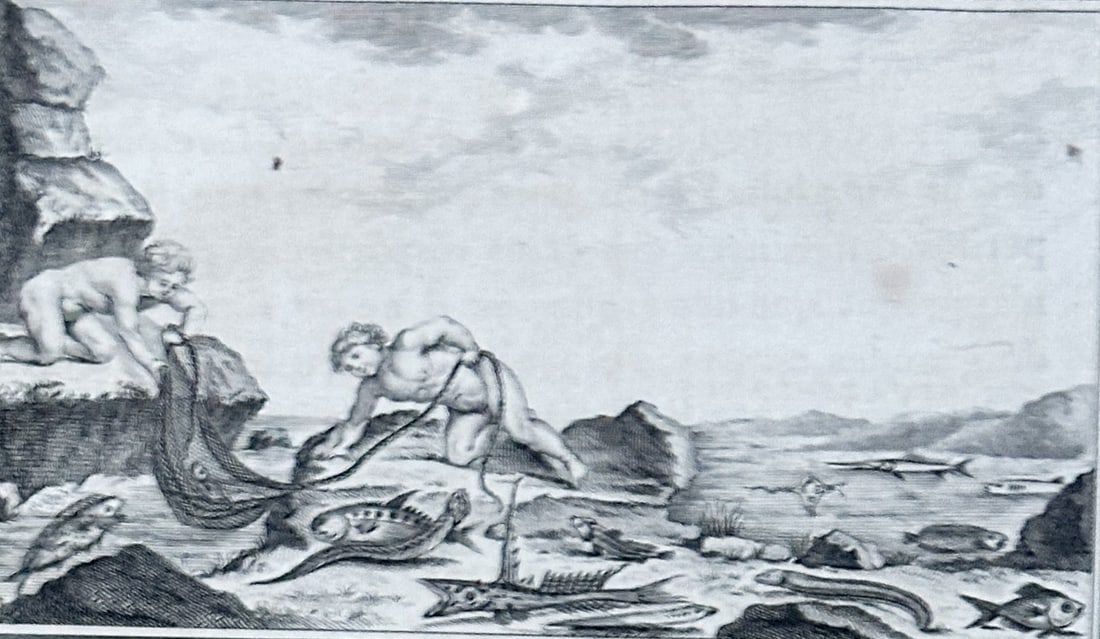 Bernard comte de Lacépède – Natural History of Fishes: Discourse on Fishing, Fossil Fish: This finely executed engraving serves as an introductory page or frontispiece for a volume within Lacépède's monumental "Histoire Naturelle des Poissons" (Natural History of Fishes). The upper secti